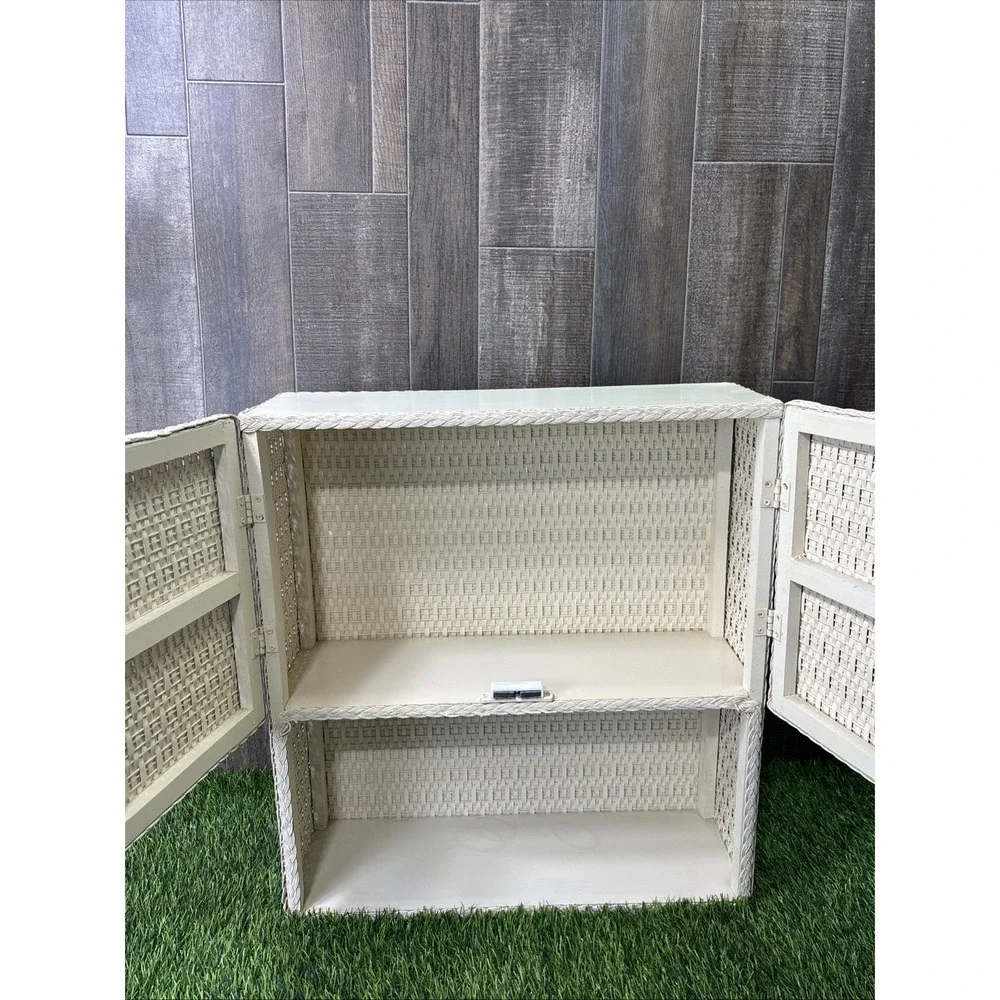 Vintage White Wicker Cabinet Coquette Cottagecore Bathroom Storage Shelf